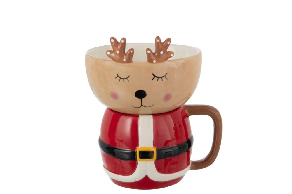 MUG + BOWL REINDEER DOLOMITE CAMEL/RED