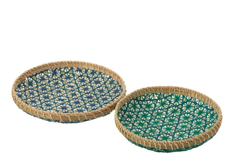 SET OF 2 TRAY MOSAÏC PATTERN BAMBOO DARK BLUE/WATER GREEN