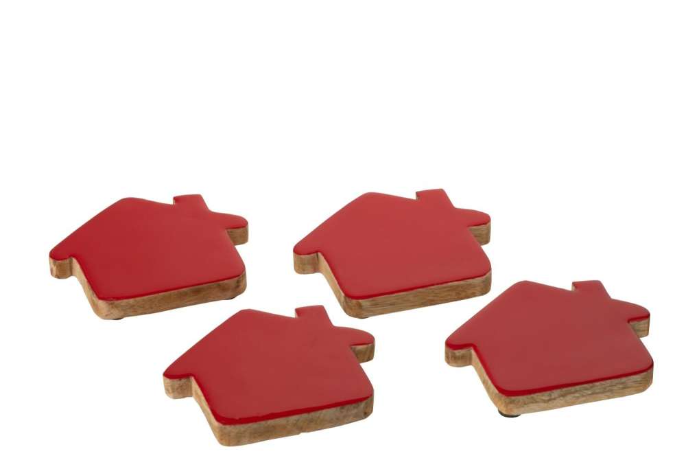 SET OF 4 COASTER HOUSE MANGO WOOD CHRISTMAS RED/NATURAL