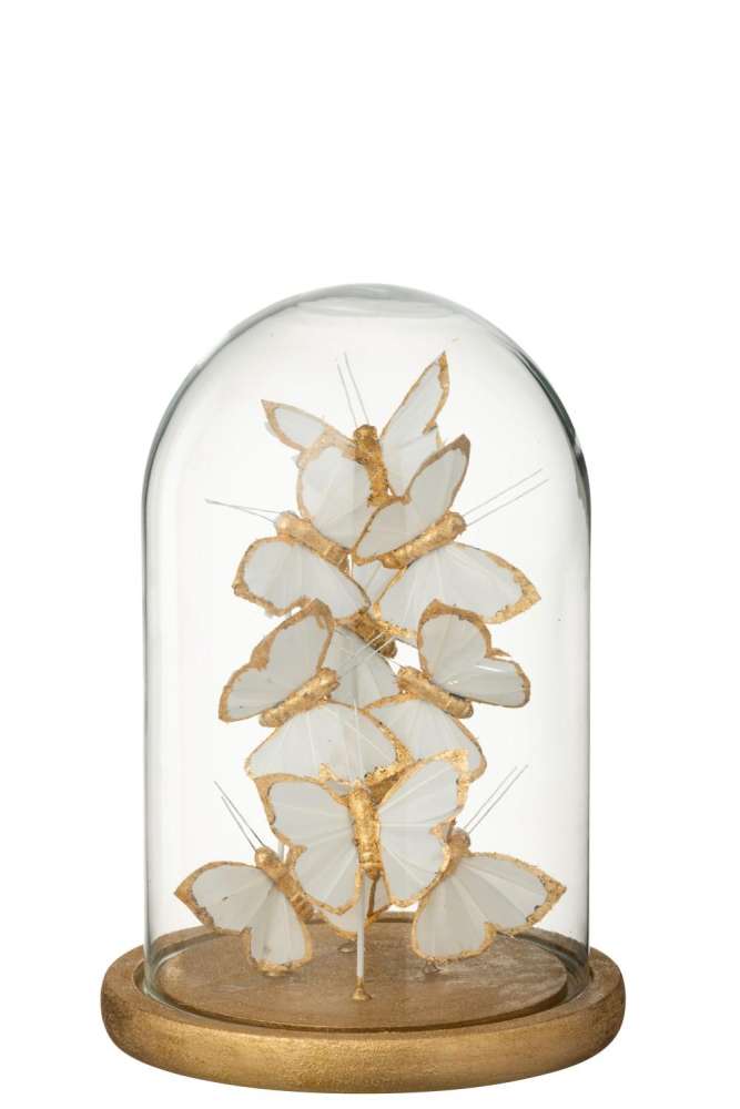 DECORATIVE BELL JAR BUTTERFLY GLASS WHITE/GOLD COLORED MEDIUM