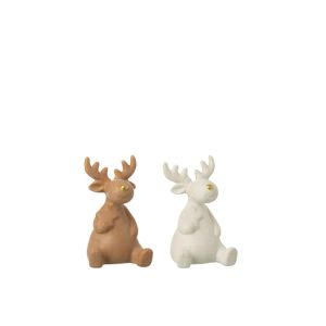 REINDEER SITTING PORCELAIN WHITE/BROWN SMALL ASSORTMENT OF 2