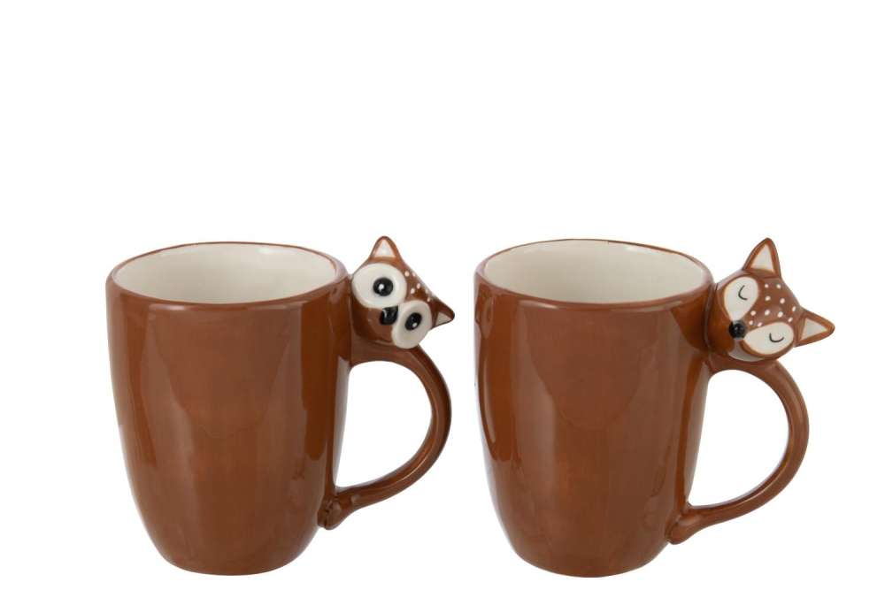 MUG FOX/OWL DOLOMITE BROWN ASSORTMENT OF 2
