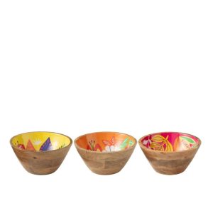 BOWL FLORAL PATTERN MANGO WOOD PINK/ORANGE/YELLOW MEDIUM ASSORTMENT OF 3