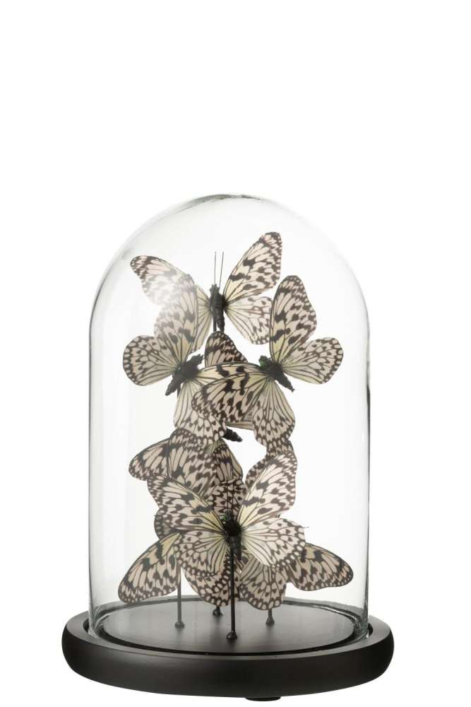 DECORATIVE BELL JAR BUTTERFLY GLASS BLACK/WHITE MEDIUM