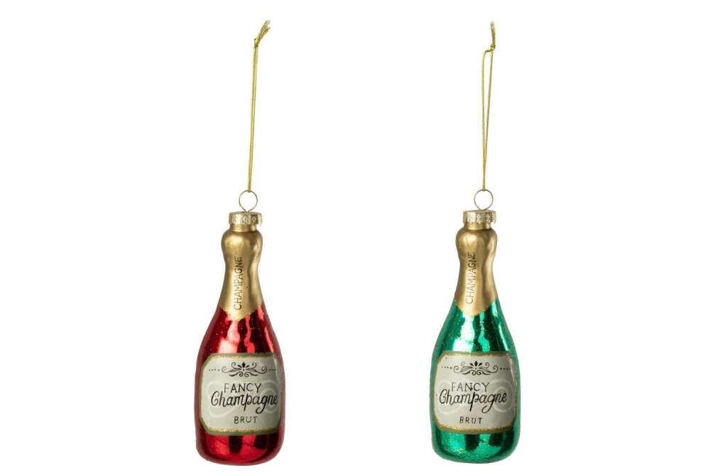 HANGER CHAMPAGNE BOTTLE GLASS GREEN/RED ASSORTMENT OF 2