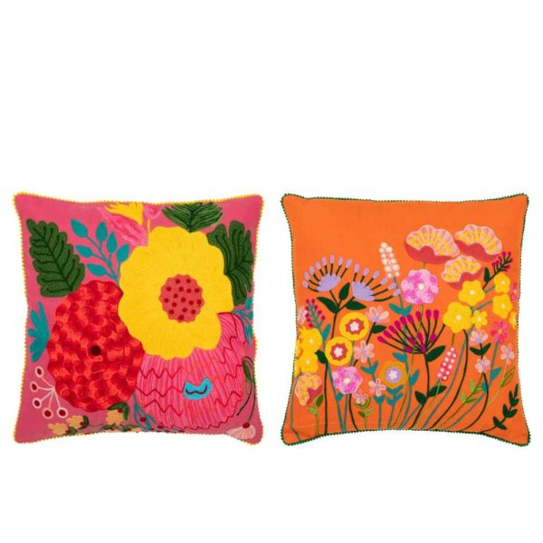 CUSHION FLOWERS EMBROIDERY COTTON/POLYESTER ORANGE/PINK ASSORTMENT OF 2