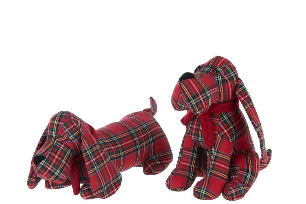 DOORSTOP DOG CHECKERED POLYESTER CHRISTMAS RED/DARK GREEN ASSORTMENT OF 2