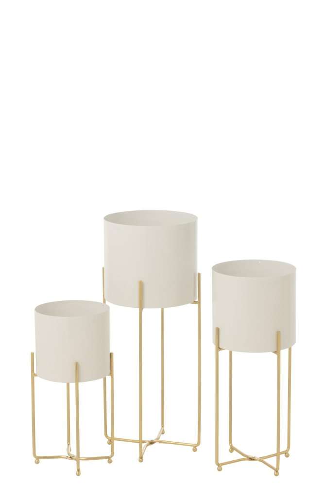 SET OF 3 FLOWERPOT ROUND IRON GOLD COLORED/WHITE