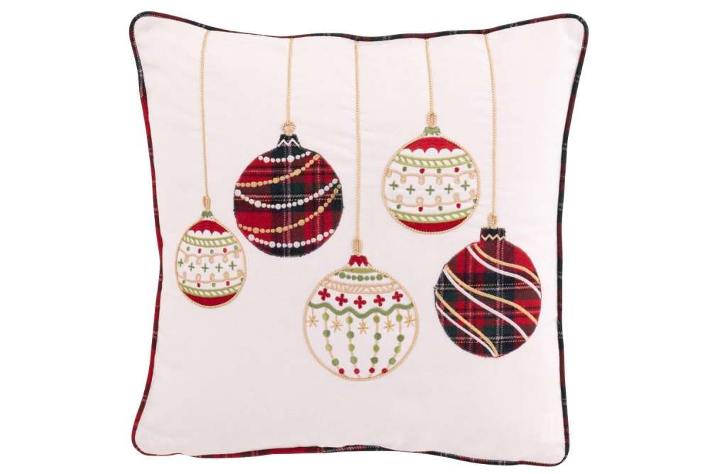 CUSHION CHRISTMAS BAUBLES COTTON WHITE/CHRISTMAS RED