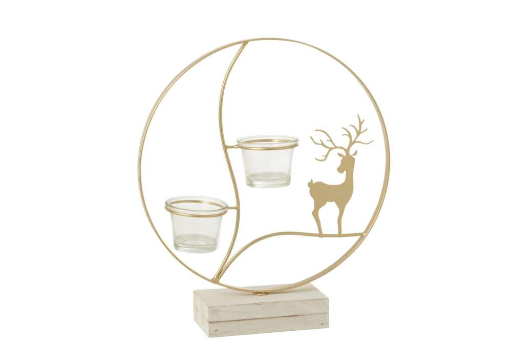 TEALIGHT HOLDER REINDEER ROUND WOOD GOLD COLORED/WHITE