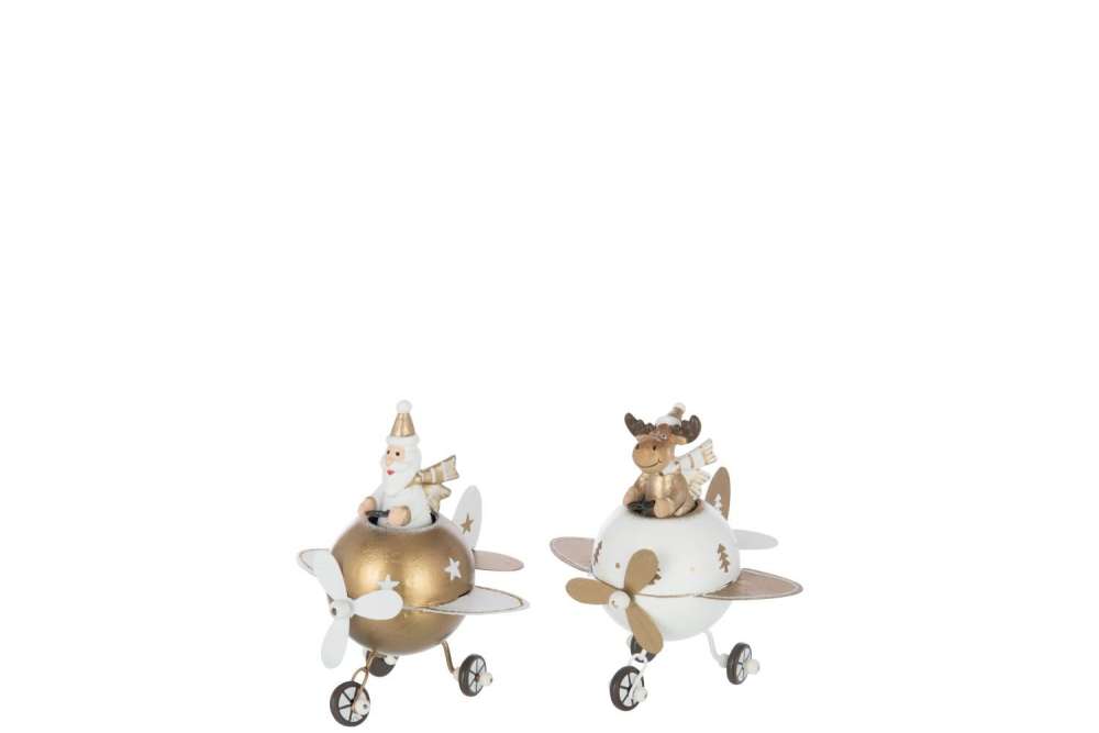 REINDEER + SANTA CLAUS IN PLANE METAL WHITE/GOLD COLORED SMALL ASSORTMENT OF 2