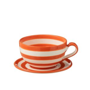 CUP+PLATE GRANADA STRIPES CERAMIC WHITE/ORANGE