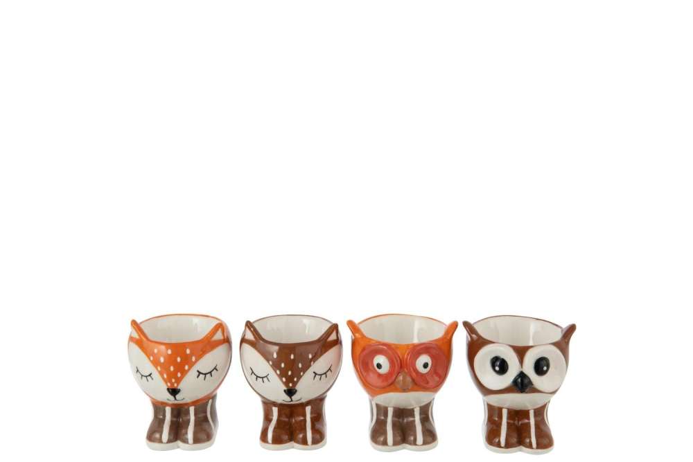 EGG CUP FOX/OWL DOLOMITE BROWN/CAMEL ASSORTMENT OF 4