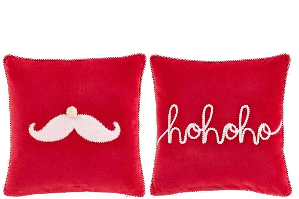 CUSHION SANTA MUSTACHE/HOHOHO COTTON CHRISTMAS RED/WHITE ASSORTMENT OF 2