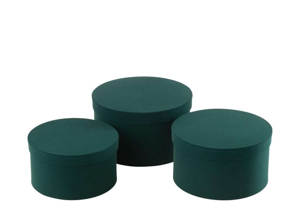 SET OF 3 BOX ROUND FLAT VELVET PAPER GREEN