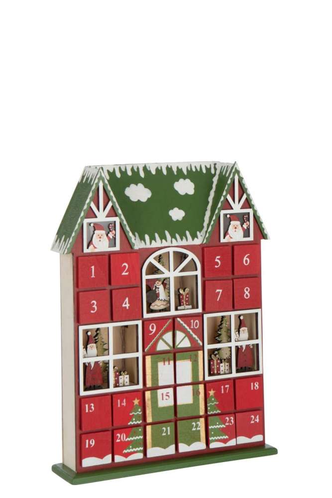 HOUSE ADVENT CALENDAR LED PLYWOOD CHRISTMAS RED/DARK GREEN