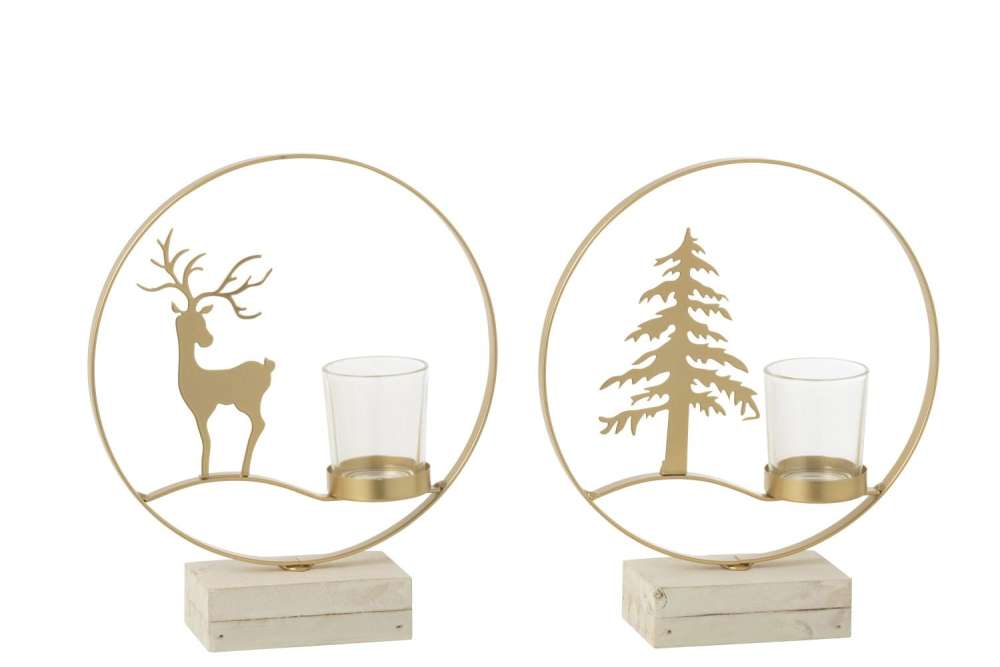TEALIGHT HOLDER ROUND REINDEER WOOD GOLD COLORED/WHITE ASSORTMENT OF 2
