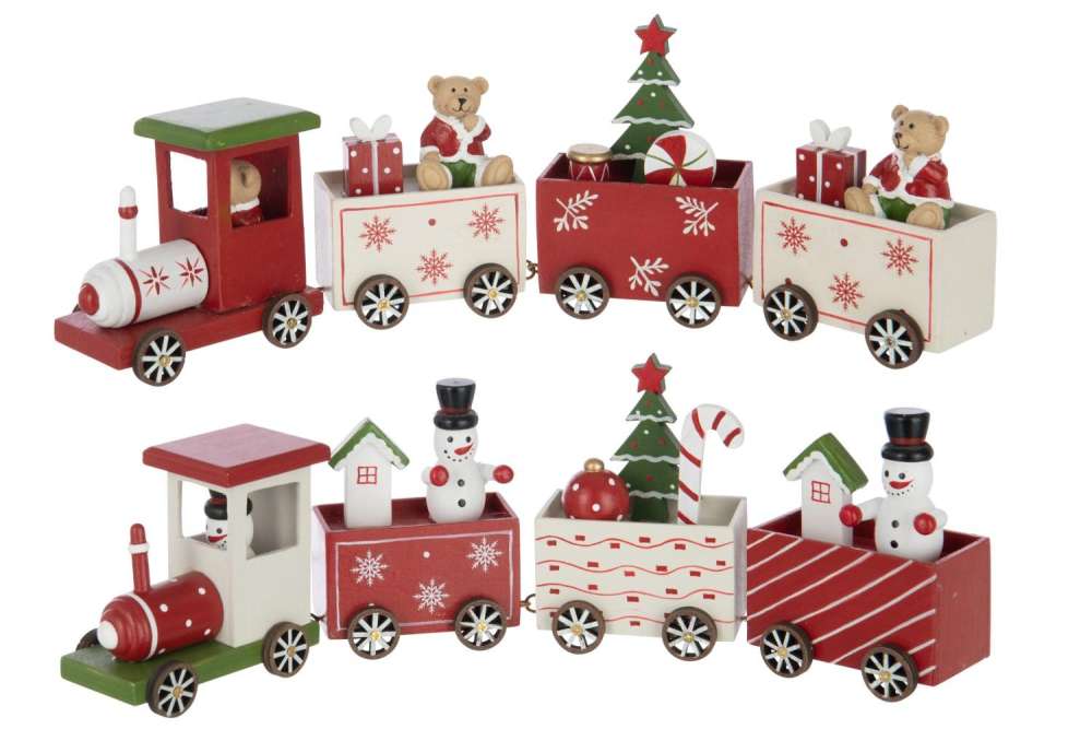 TRAIN BEAR + SNOWMAN PLYWOOD CHRISTMAS RED/WHITE ASSORTMENT OF 2