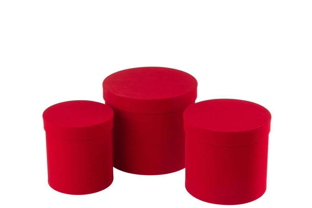 SET OF 3 BOX ROUND VELVET PAPER RED