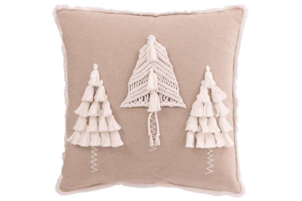 CUSHION CHRISTMAS TREES TASSELS COTTON GREIGE/WHITE
