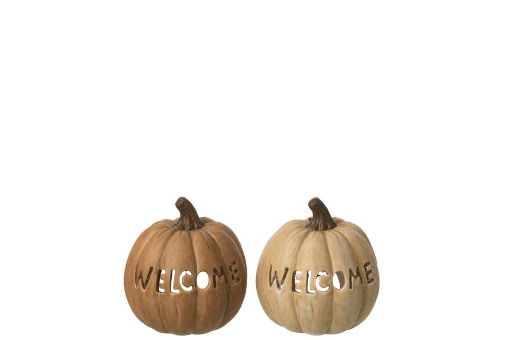 CANDLE HOLDER PUMPKIN WELCOME CLAY CARAMEL LARGE ASSORTMENT OF 2