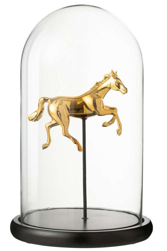 DECORATIVE BELL JAR HORSE GLASS GOLD COLORED/BLACK LARGE