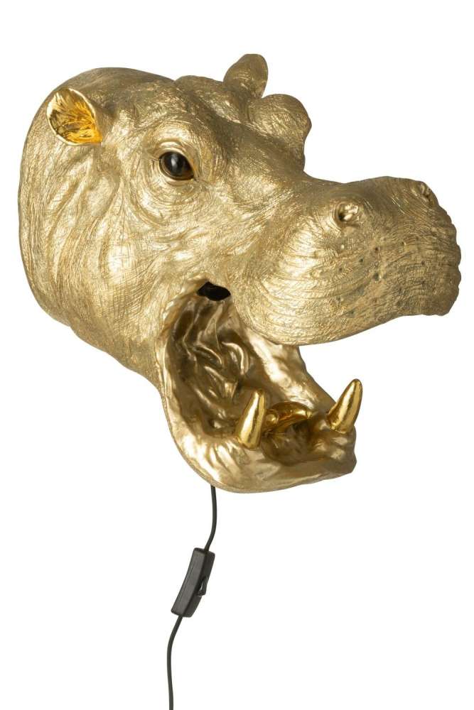 WALL LAMP HIPPOPOTAMUS HEAD RESIN GOLD COLORED