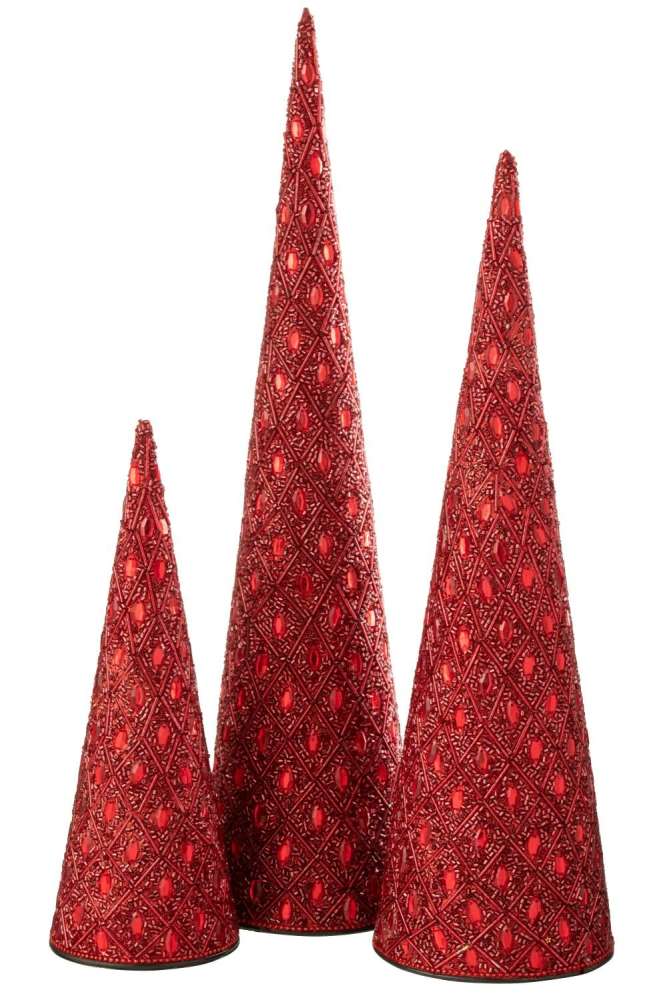 SET OF 3 CONE IRON/BEADS CHRISTMAS RED
