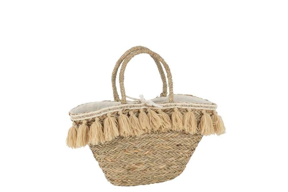 BEACH BAG TASSELS JUTE/TEXTILE NATURAL/BEIGE