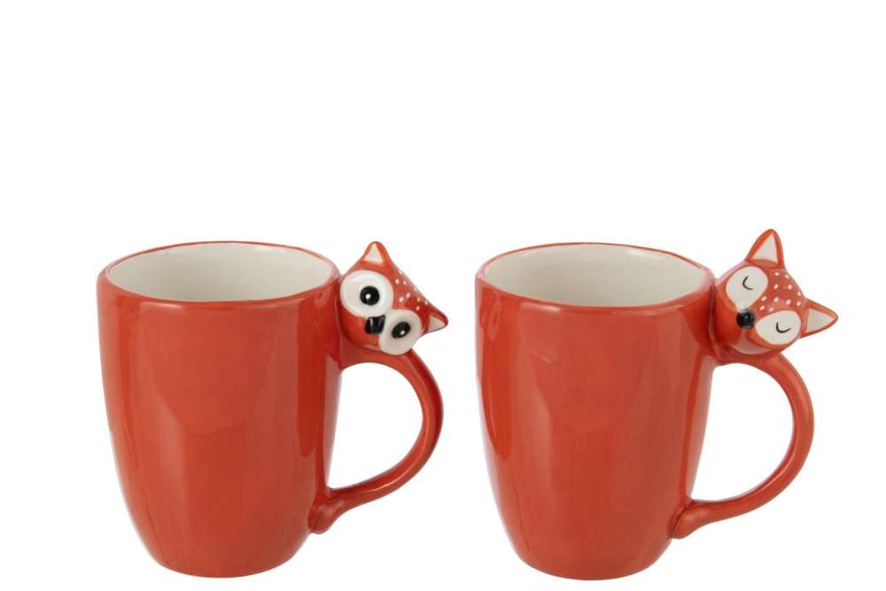 MUG FOX/OWL DOLOMITE BROWN ASSORTMENT OF 2
