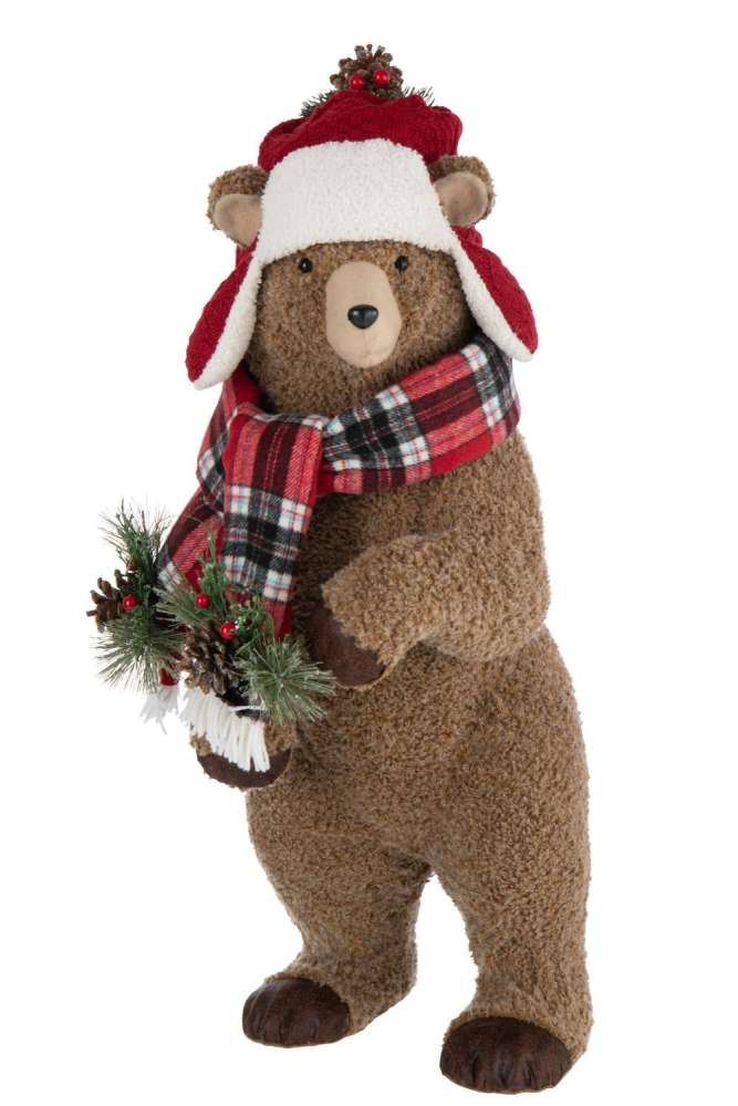 BEAR +BEANIE POLYESTER BROWN/CHRISTMAS RED