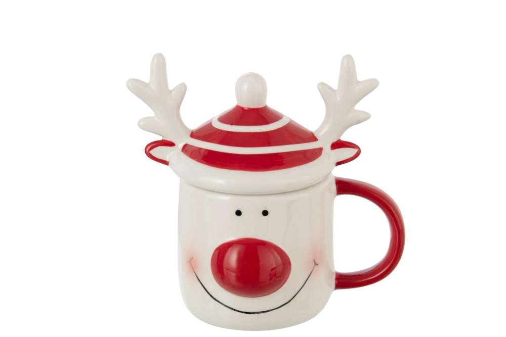 MUG + LID REINDEER DOLOMITE WHITE/RED