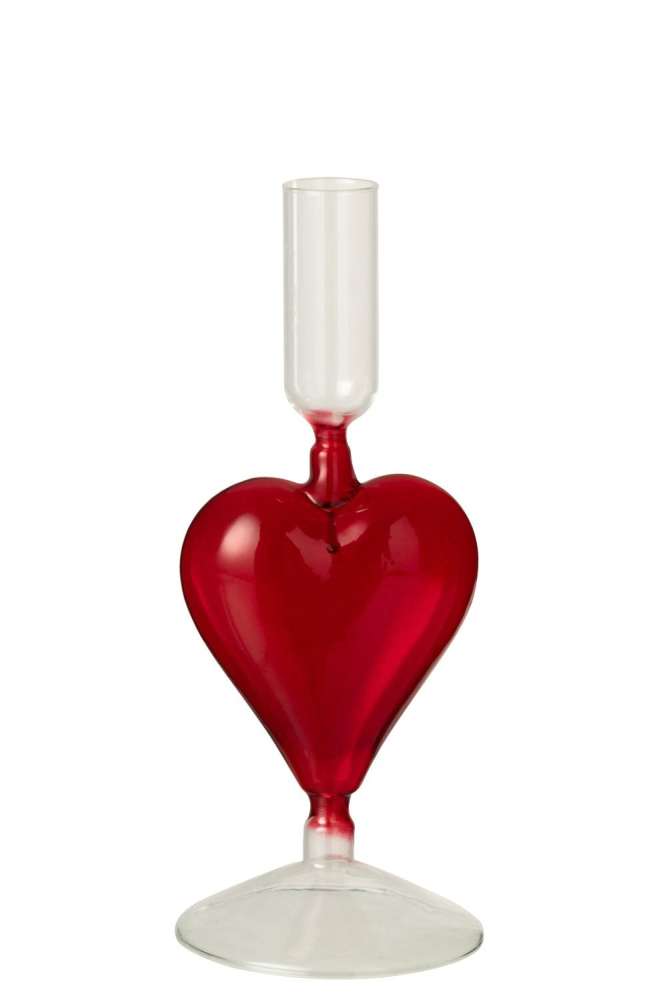 CANDLE HOLDER HEART GLASS TRANSPARENT/RED