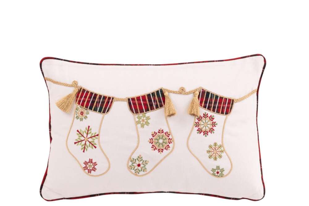 CUSHION CHRISTMAS STOCKING COTTON WHITE/CHRISTMAS RED