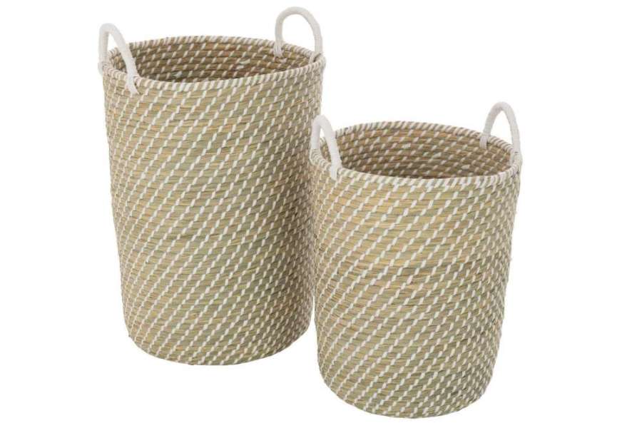SET OF 2 BASKET ROUND HANDLES STRAW WHITE/NATURAL