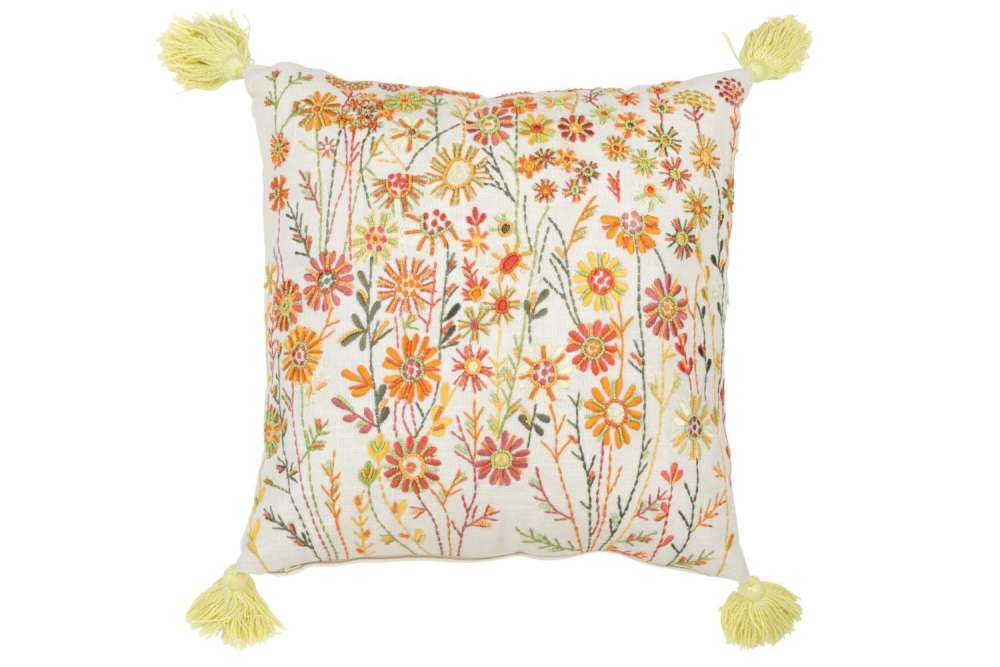 CUSHION SQUARE FLOWERS+TASSELS COTTON WHITE/ORANGE
