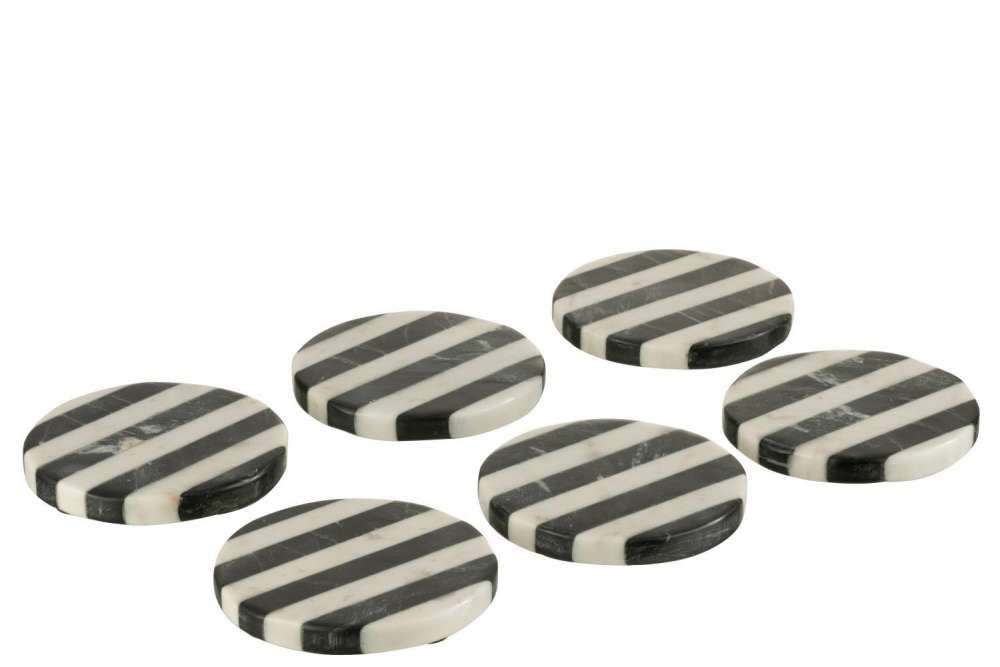 S/6 COASTERS STRIPE MARBLE WHITE/BLACK
