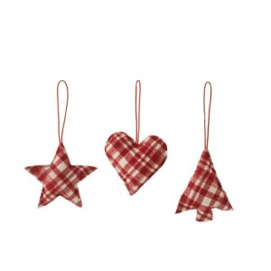 HANGER HEART/STAR/CHRISTMAS TREE CHECKERED TEXTILE RED/WHITE ASSORTMENT OF 3