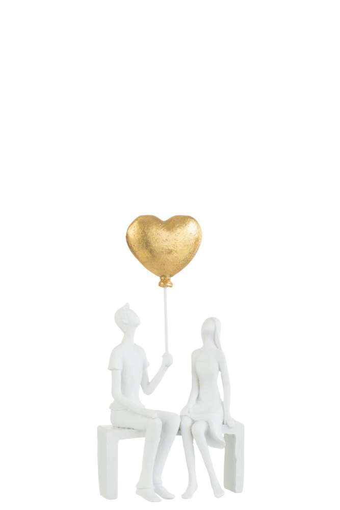COUPLE SITTING HEART BALLOON RESIN WHITE/GOLD