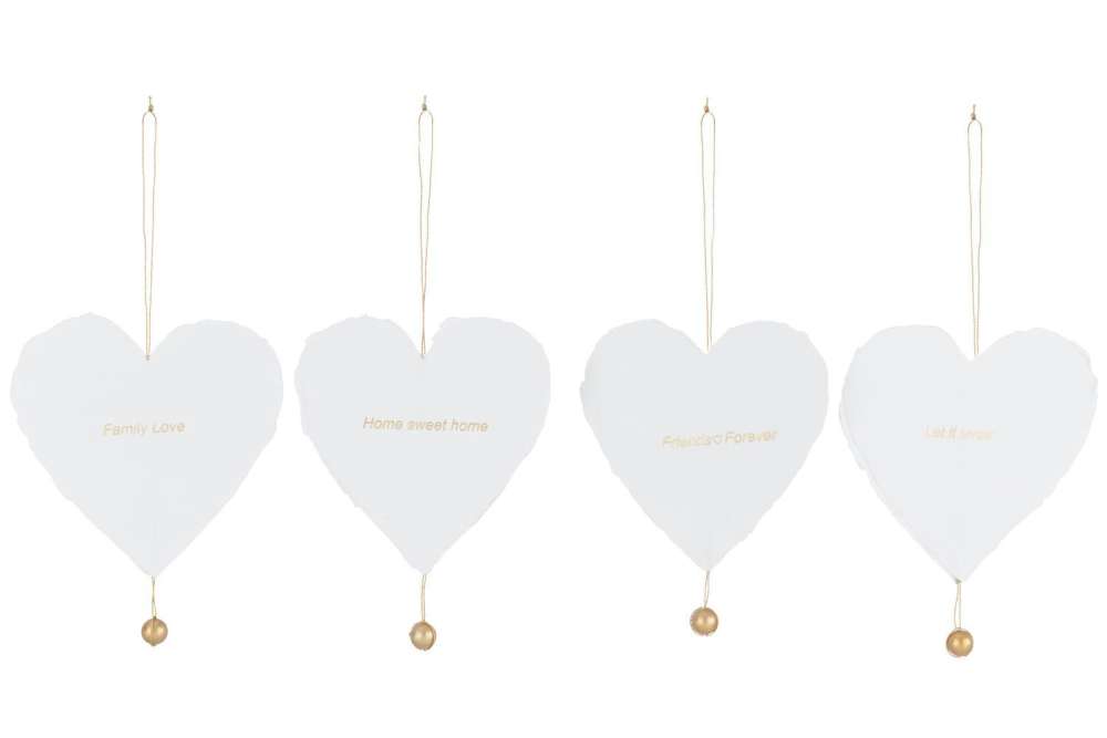 PACK OF 4 HANGER HART WITH 4 TYPES OF TEXT COTTON MACHE WHITE WITH GOLD