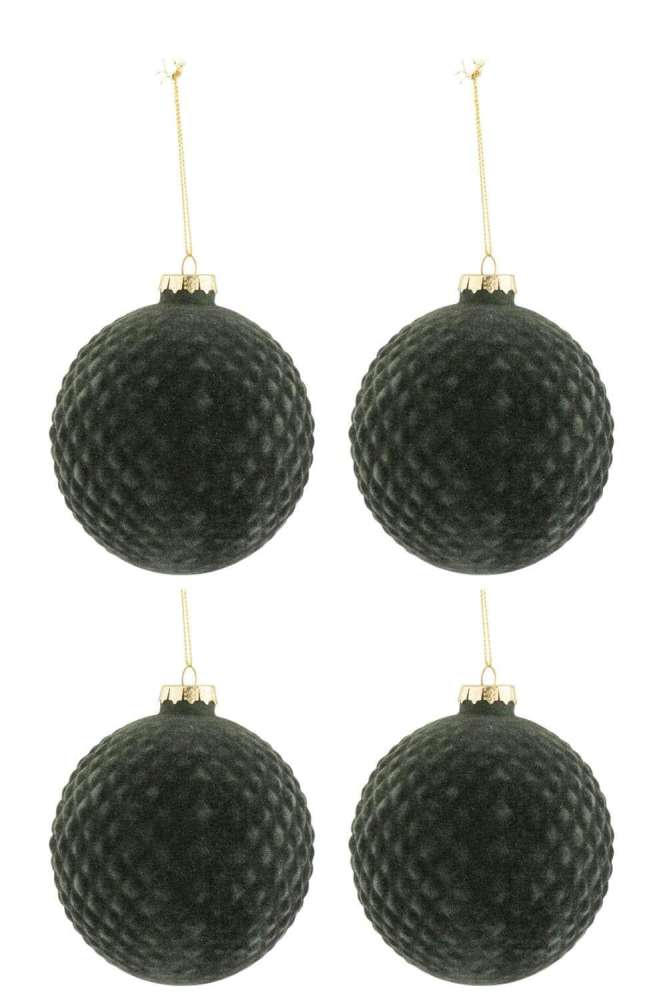 BOX OF 4 CHRISTMAS BAUBLES PATTERN VELVET GLASS DARK GREEN MEDIUM