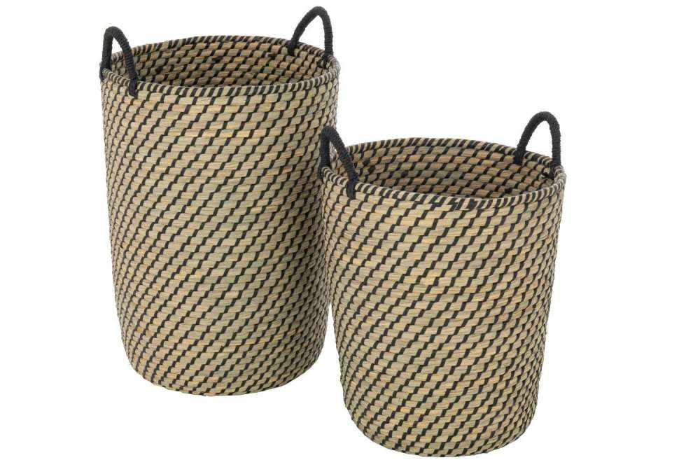 SET OF 2 BASKET ROUND HANDLES STRAW NATURAL/BLACK