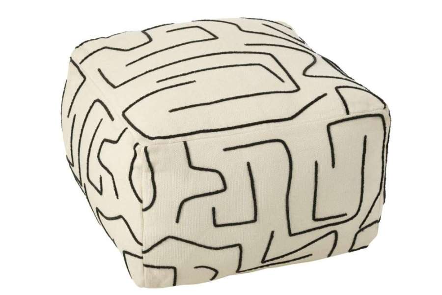 POUF SQUARE LINES/CURVES COTTON WHITE/BLACK