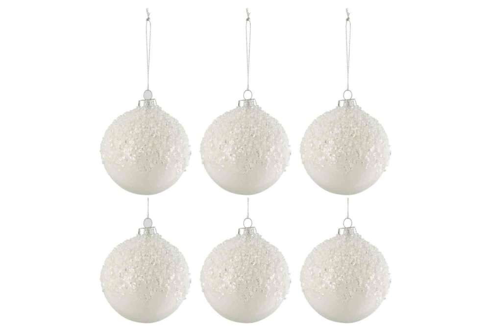 BOX OF 6 CHRISTMAS BAUBLES SUGAR GLASS SHINY WHITE SMALL