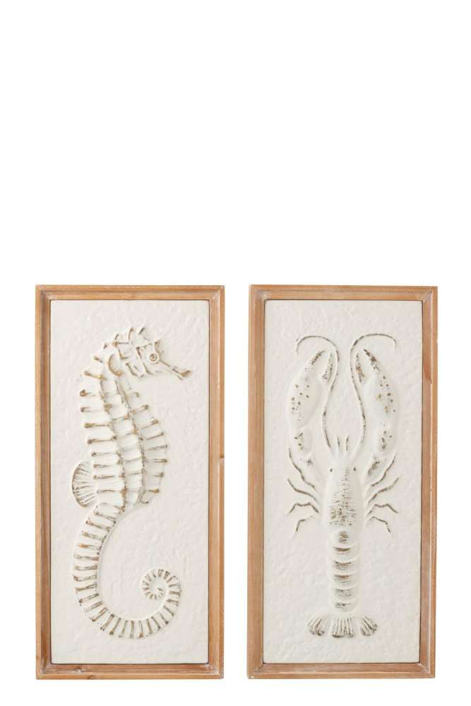 WALL DECORATION SEAHORSE/LOBSTER  IRON/FIR WOOD WHITE/NATURAL ASSORTMENT OF 2