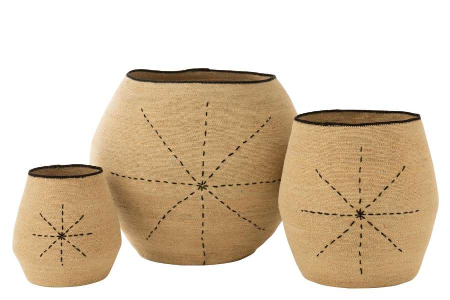 SET OF 3 BASKET STAR DOTTED LINES SEAGRASS NATURAL/BLACK