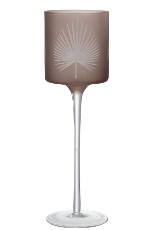 TEALIGHT HOLDER ON FOOT PALM LEAF GLASS BEIGE LARGE