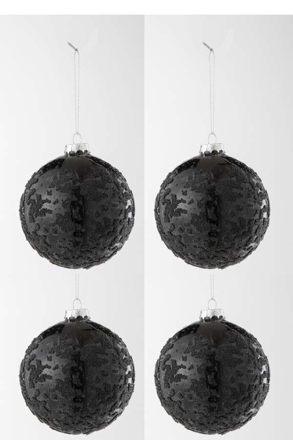 BOX OF 4 CHRISTMAS BAUBLE PEARLS GLASS BLACK