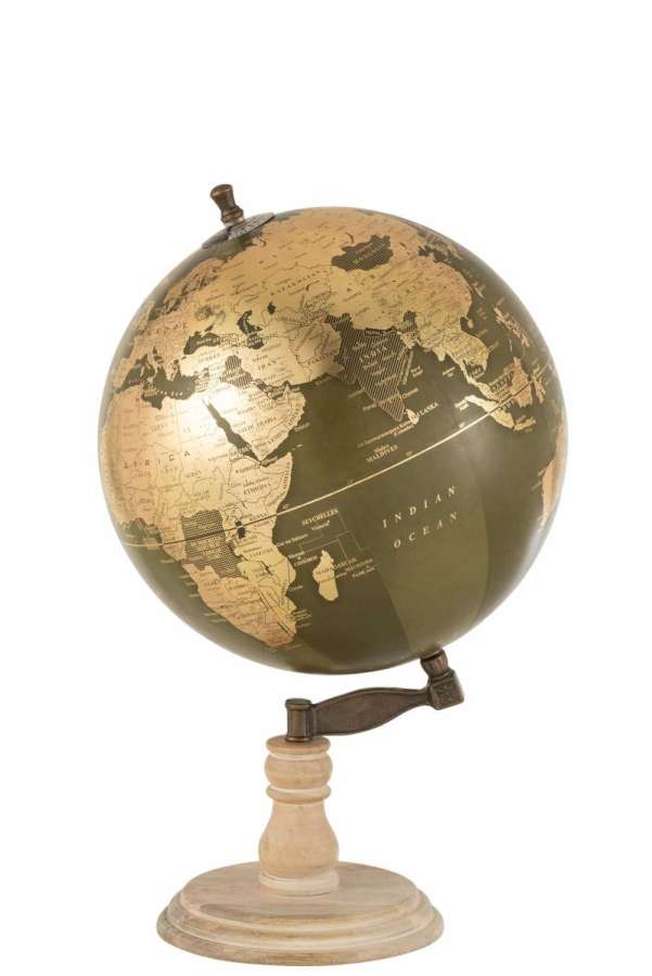 WORLD GLOBE ON FOOT WOOD KHAKI/GOLD LARGE