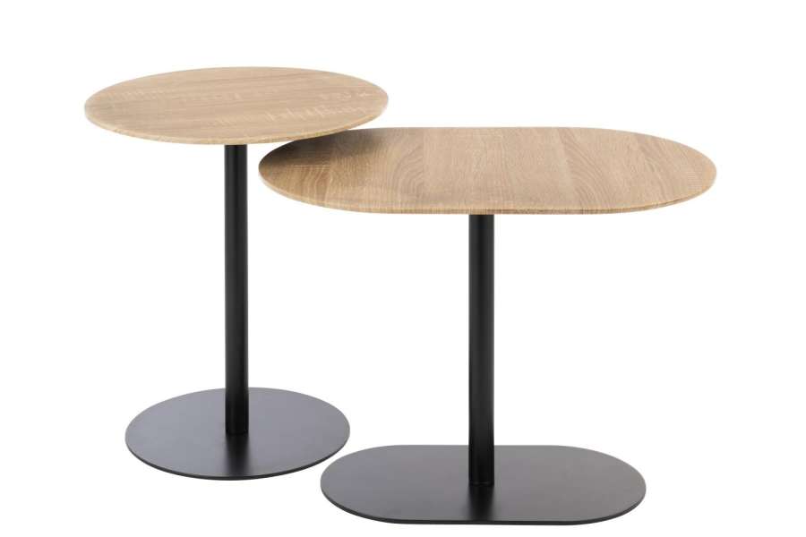 SET OF 2 SIDE TABLE  ROUND IRON BLACK/NATURAL